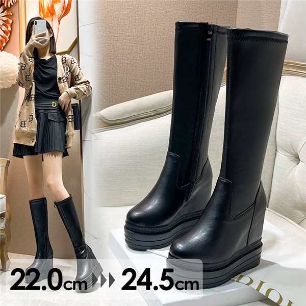 厚底 ブーツ ロングブーツ ヒール5cm 太ヒール インヒール6cm 黒 美脚 スムース コスプレ レディース ファッション シューズ 靴 秋 冬 春 20代 30代 サイドジップ22.0/22.5/